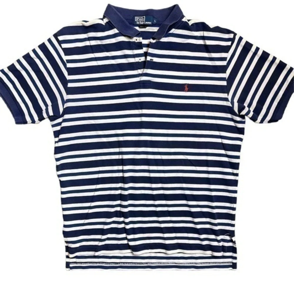 Vintage 90’s Men’s Ralph Lauren Navy Striped Polo Short Sleeve Shirt Size L